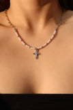 Platinum Plated Pearl Cross Necklace