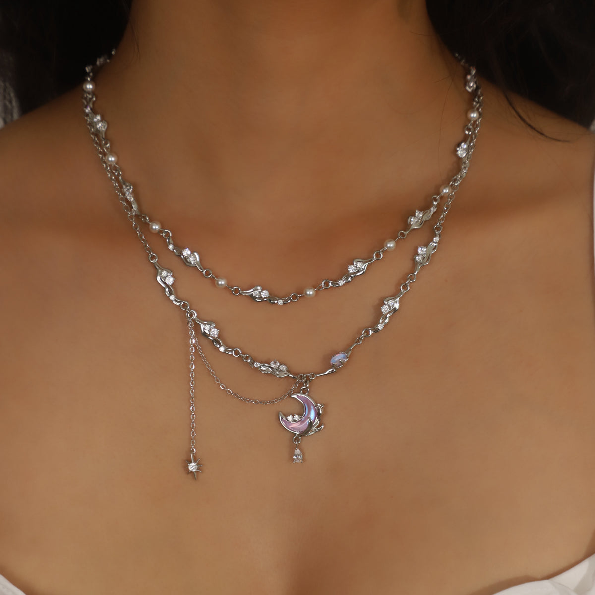 Palladium White Gold Plated Sparkle Rose Moon Necklace