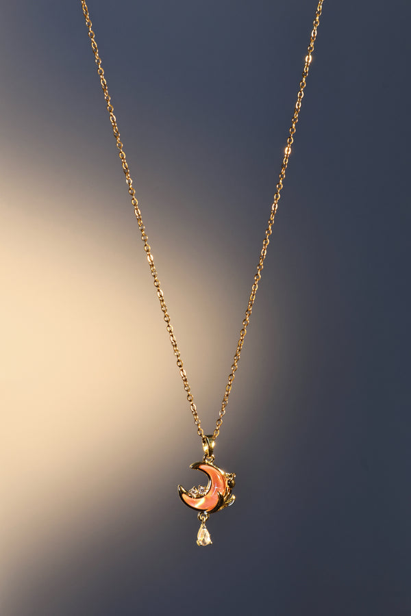 18K Real Gold Plated Pink Rose Moon Necklace