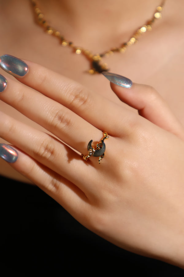 18K Real Gold Plated Black Shell Moon Ring