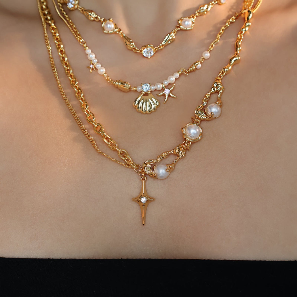18K Real Gold Plated Pearl Star Necklace