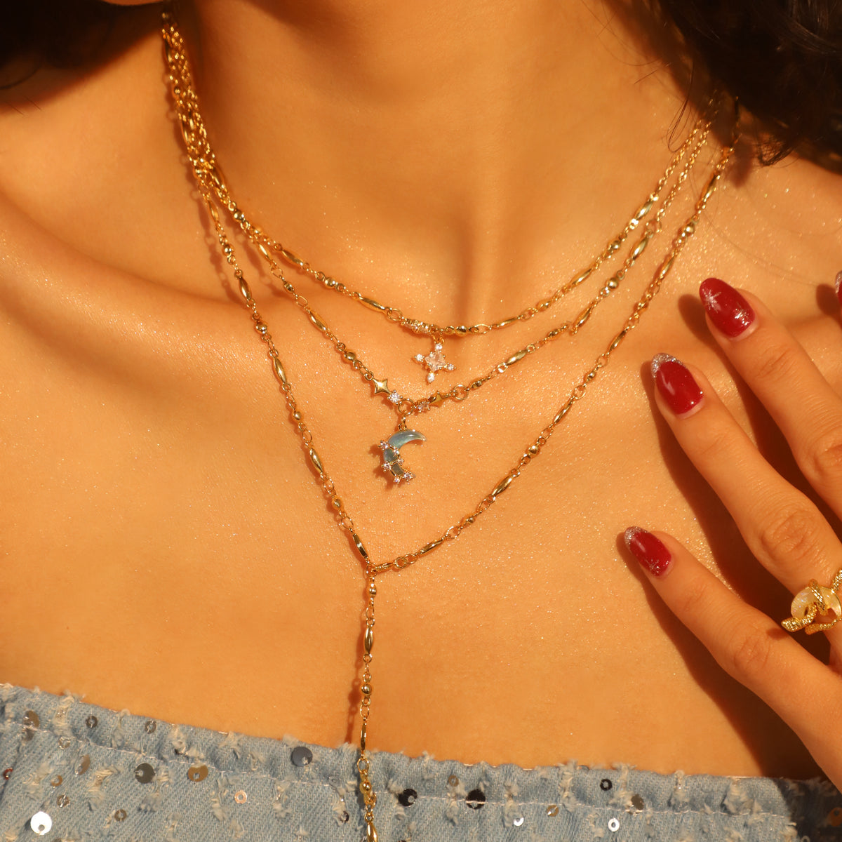 18K Real Gold Plated Moonstone Moon Star Necklace
