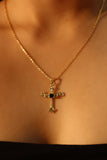 14K Real Gold Plated Black Gem Angel Cross Necklace