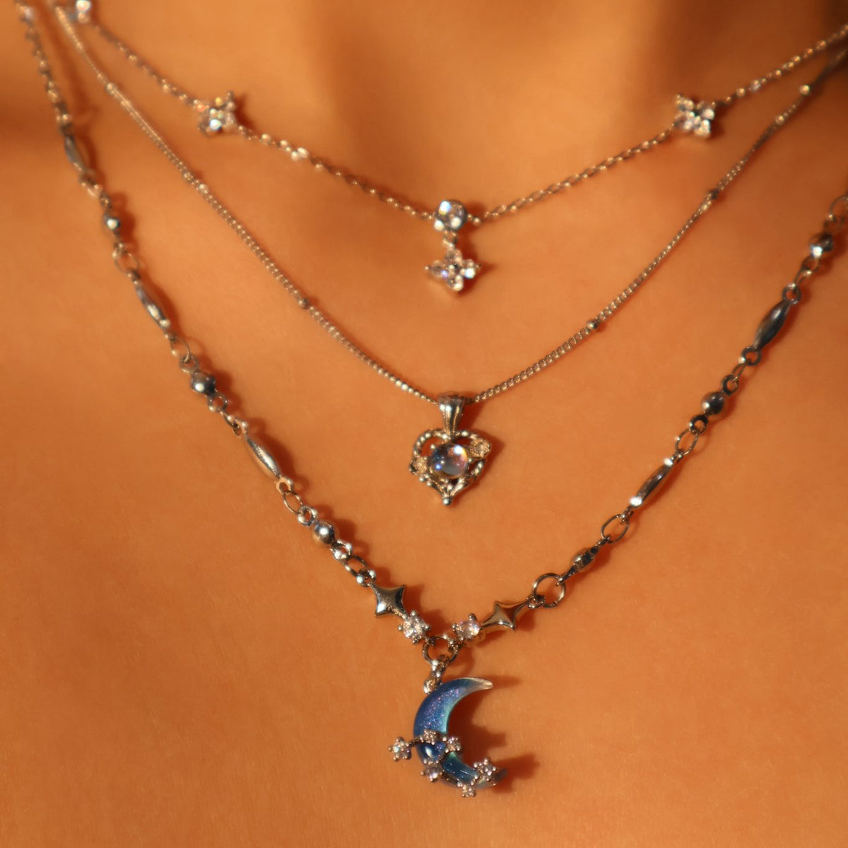 Palladium White Gold Plated Multi Starlight Petal Necklace