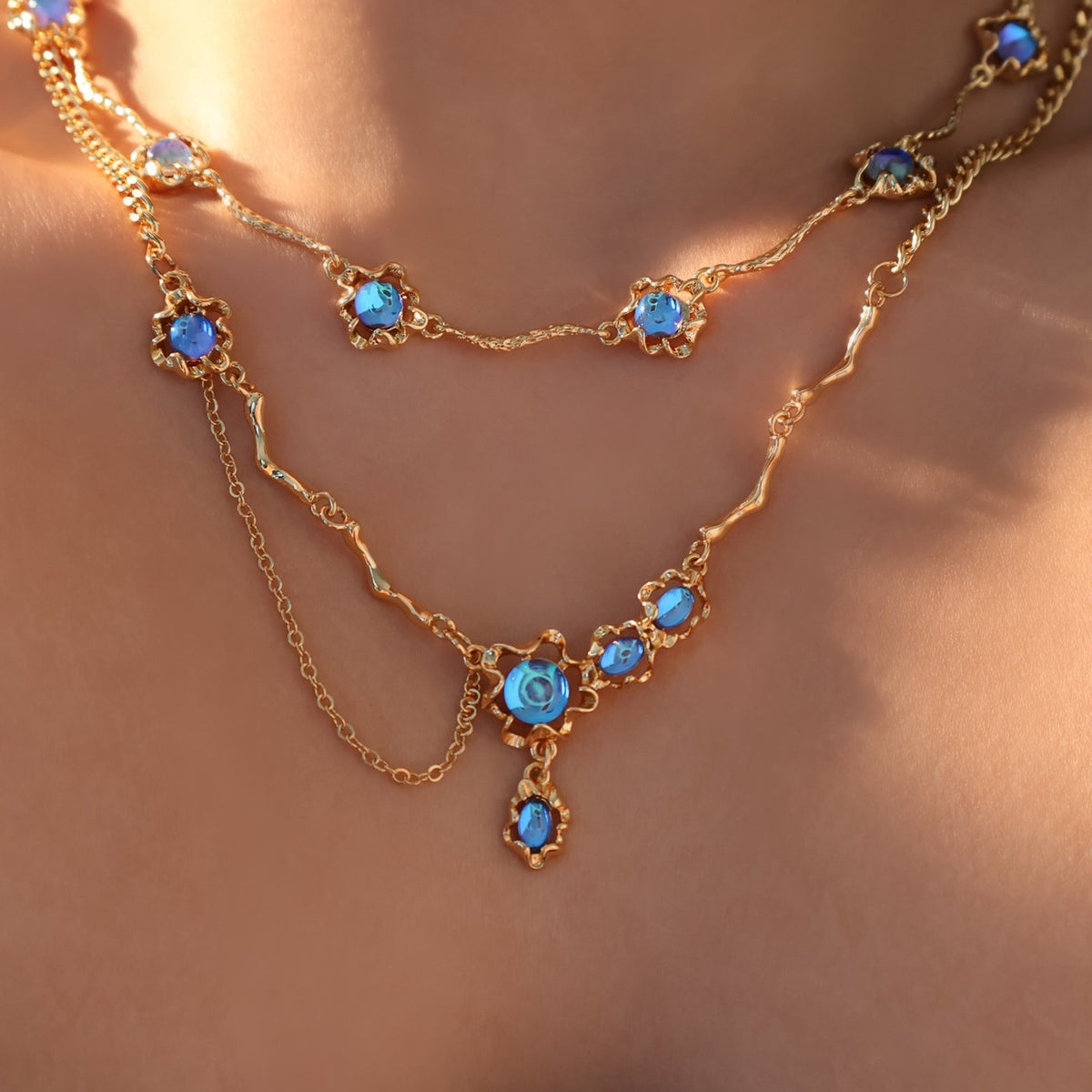 18K Real Gold Plated Deep Blue Moonstone Dangle Necklace