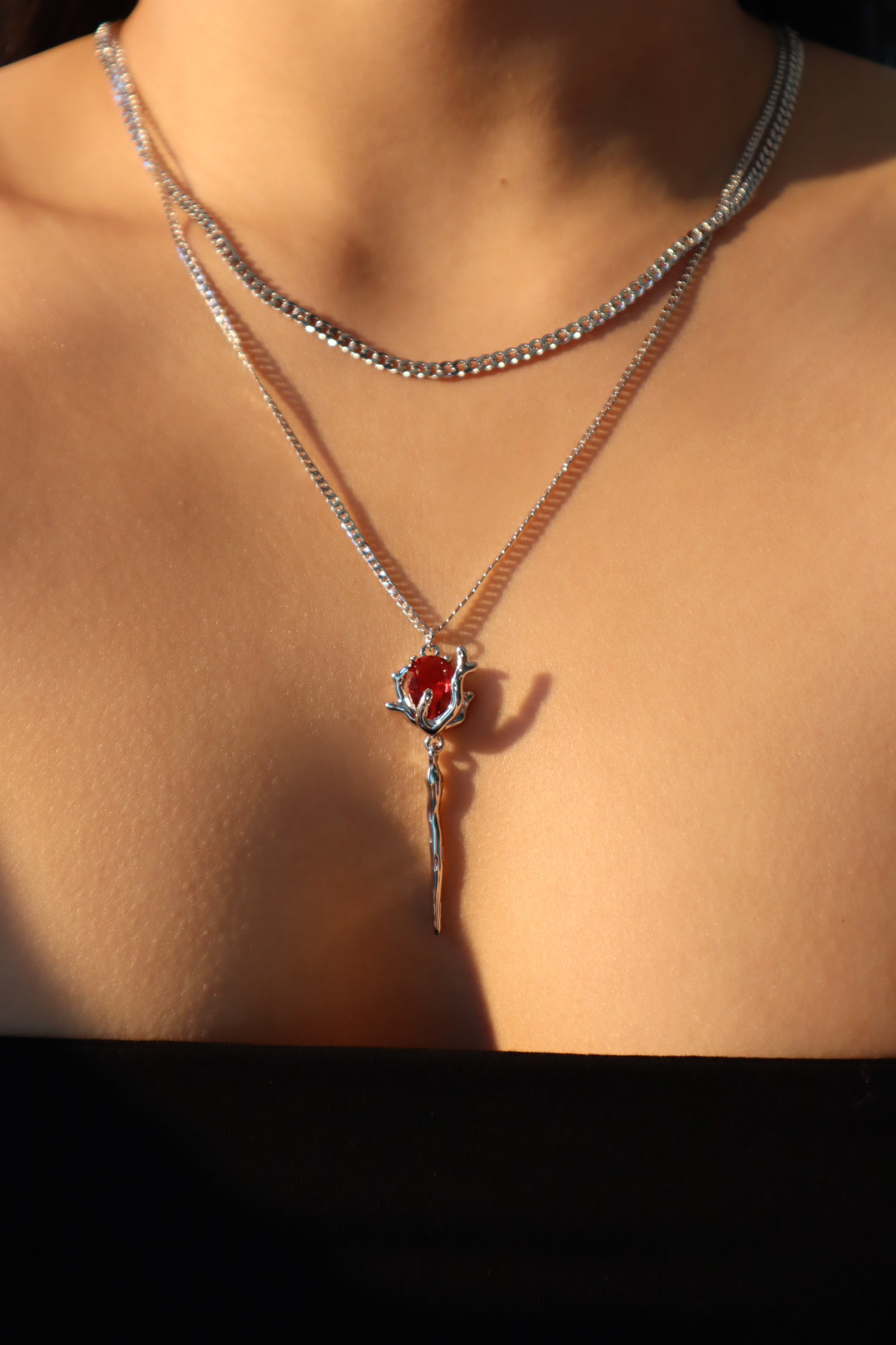 Platinum Plated Red Rose Layer Necklace