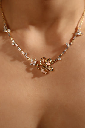 18K Real Gold Plated Butterfly Pink Flower Necklace