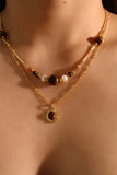 18K Real Gold Plated Tigerite Brown Gem Pendant Necklace