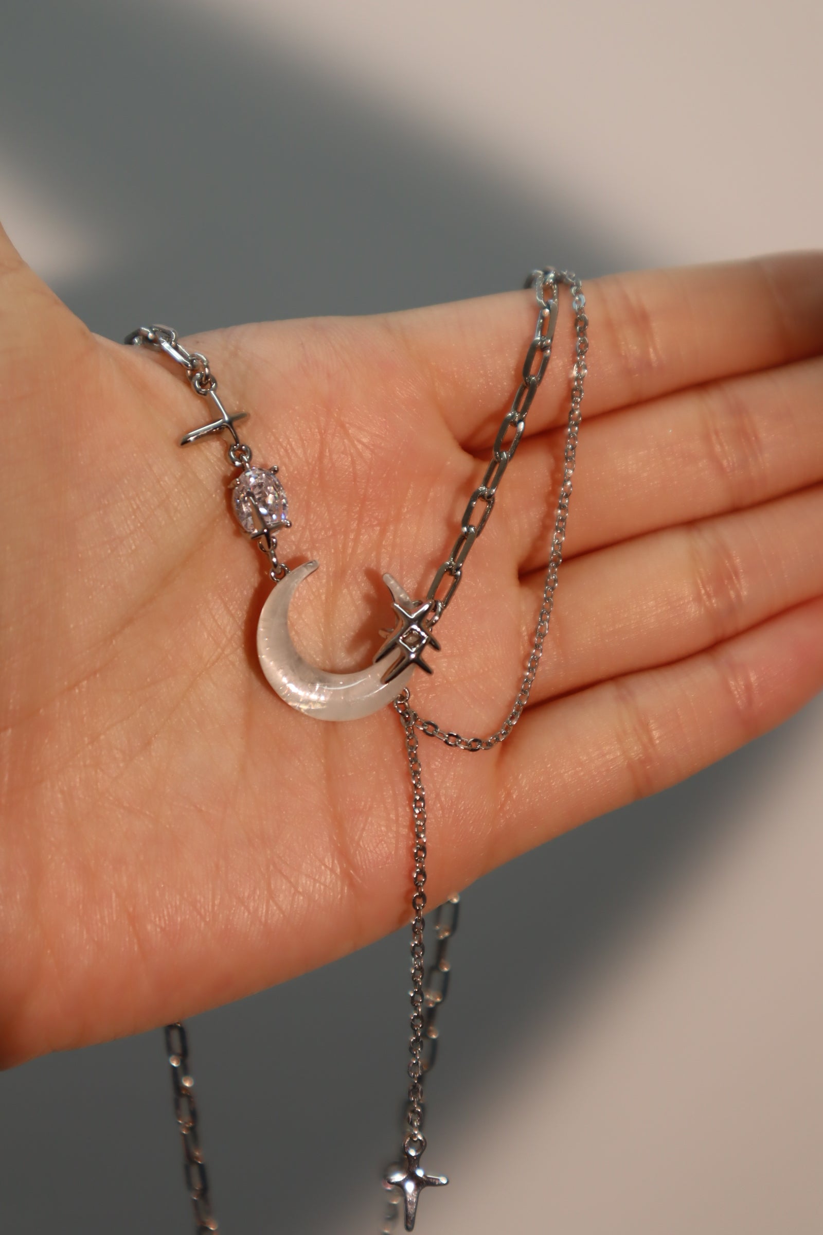 Palladium White Gold Plated Moon Star Chain Necklace