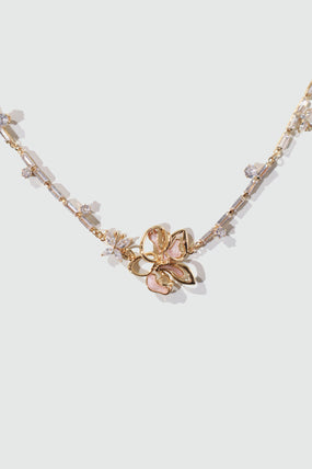 18K Real Gold Plated Butterfly Pink Flower Necklace