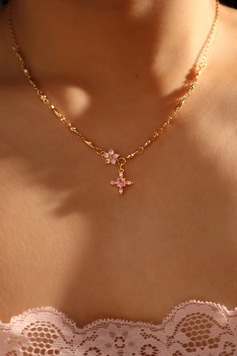 18K gold-plated cross necklace set with pink zirconia gemstones