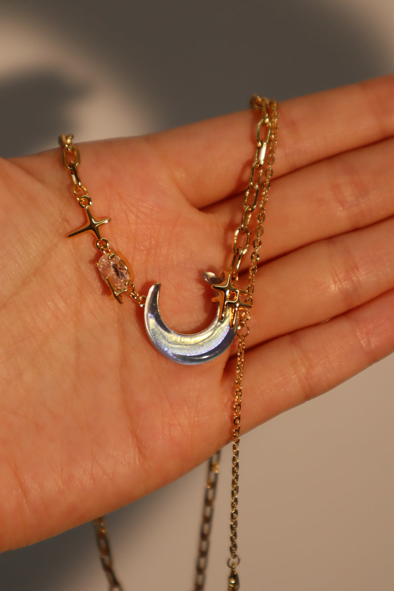 18K gold-plated chain necklace with moonstone, crescent moon and star charms
