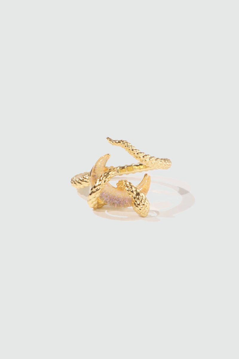 20K gold-plated adjustable snake wrap ring with a moonstone moon