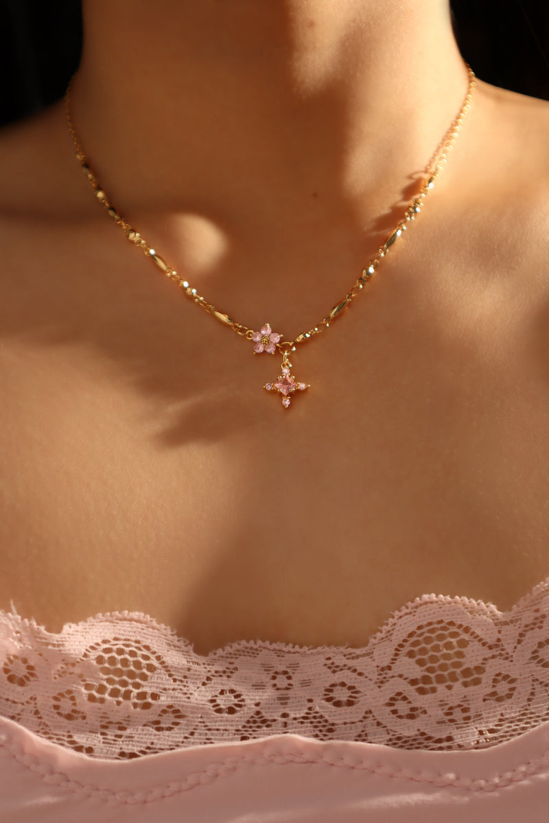 18K gold-plated cross necklace set with pink zirconia gemstones