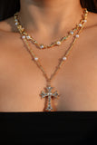 18K Real Gold Plated Diamond Pearl Cross Necklace