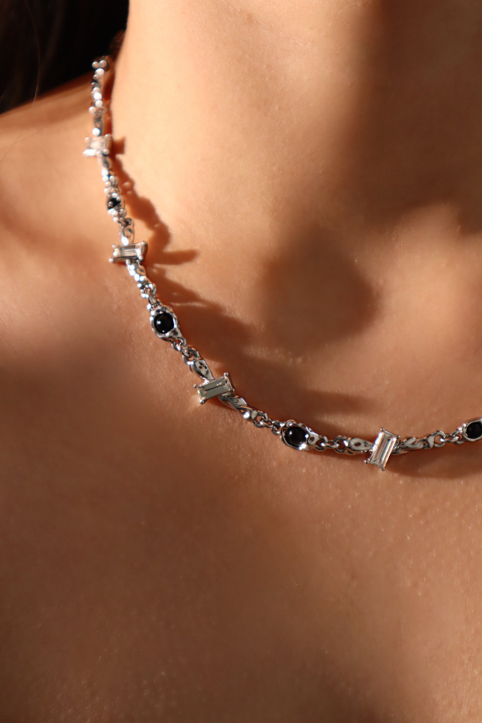 Platinum Plated Diamond Black Gem Necklace