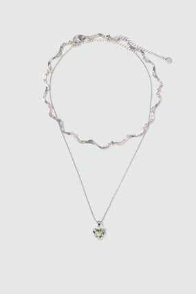 Platinum Plated Diamond Green Gem Heart Necklace
