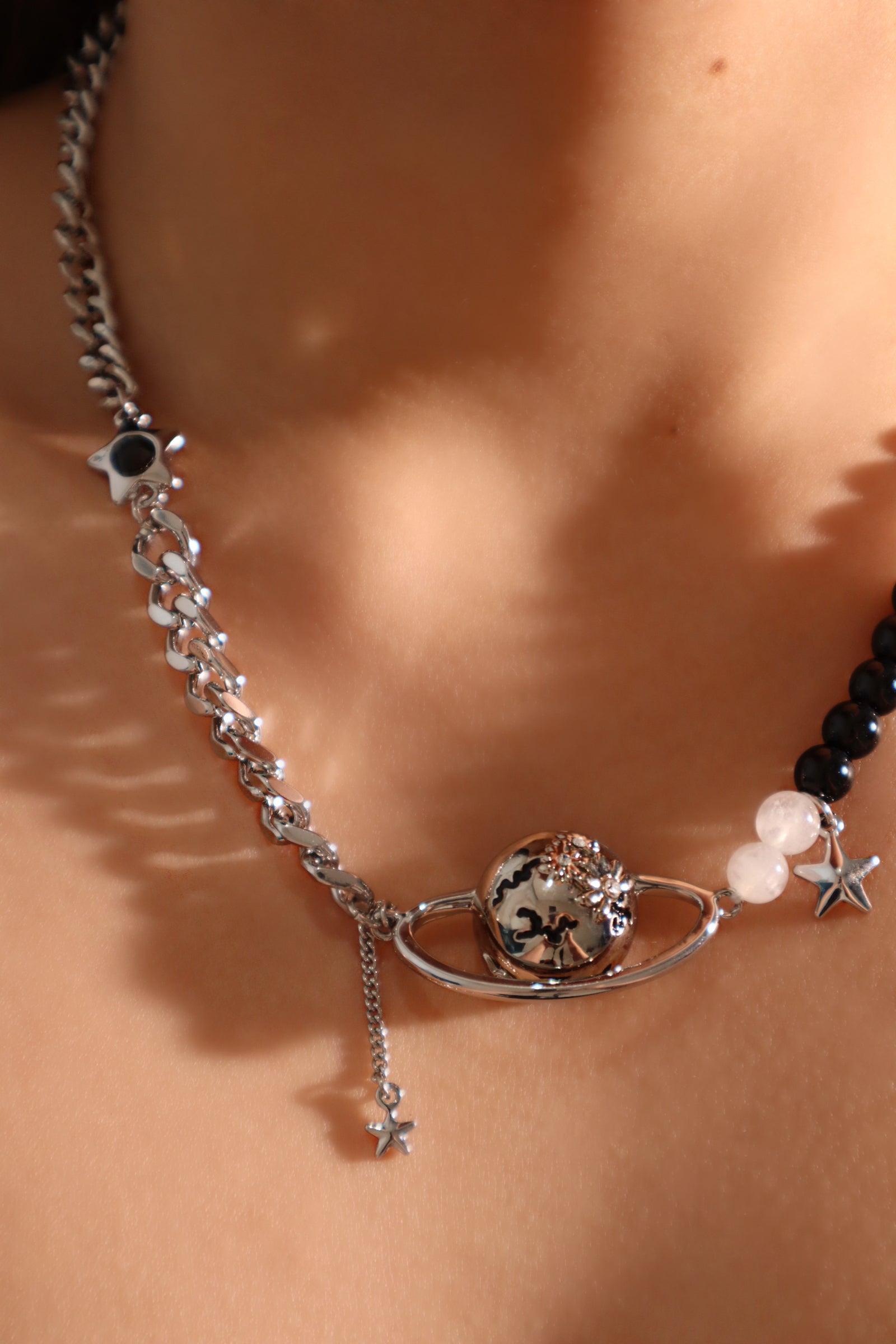 Platinum Plated Black Beads Satum Star Necklace