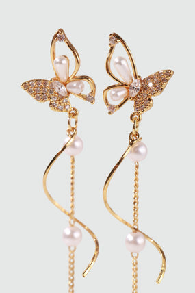 18K Real Gold Plated Diamond Butterfly Pearls Dangle Earrings