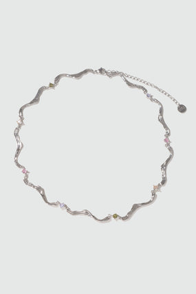 Platinum Plated Color Gems Waves Layer Necklace