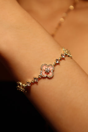 14K gold-plated lucky leaf bracelet with zirconia diamonds and pink resin accents