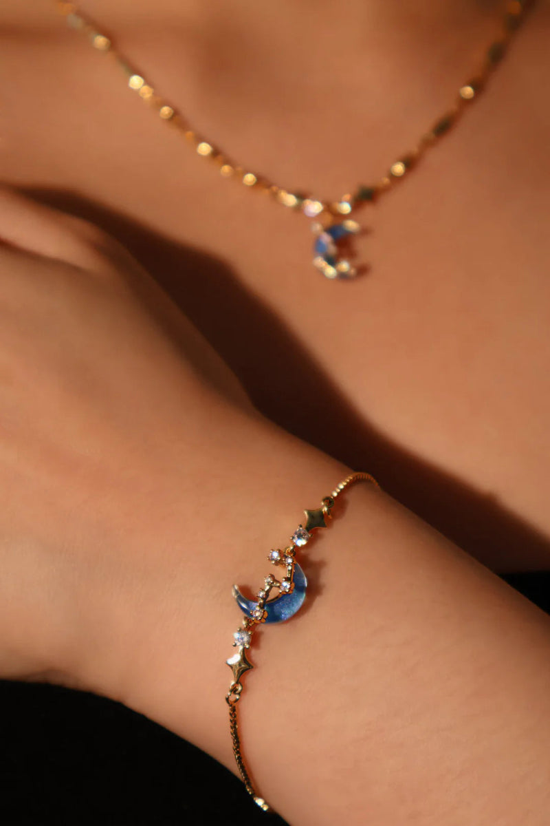 18K gold-plated chain bracelet with moonstone, crescent moon and star charms
