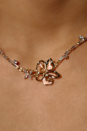 18K Real Gold Plated Butterfly Pink Flower Necklace