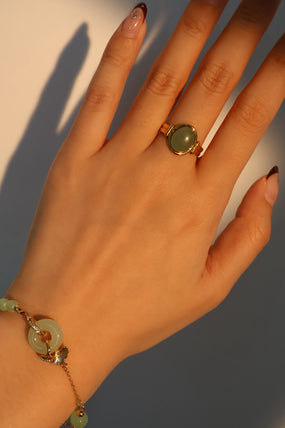 18K gold plated stainless steel adjustable ring with a natural green jade stone