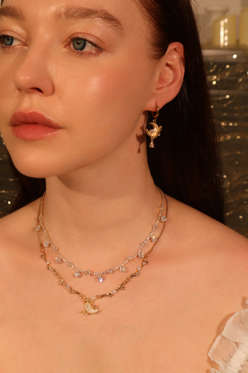 18K gold-plated moon earrings with zirconia diamonds and white zirconia moonstones