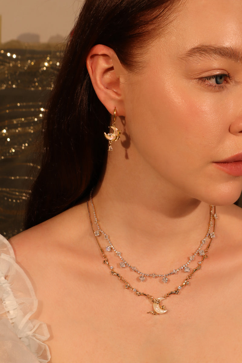18K gold-plated moon earrings with zirconia diamonds and white zirconia moonstones