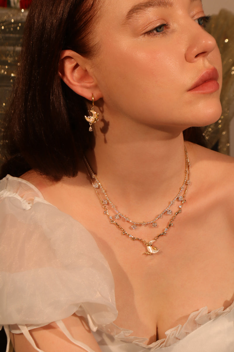 18K gold-plated moon earrings with zirconia diamonds and white zirconia moonstones