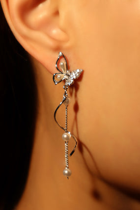 Platinum Plated Diamond Butterfly Pearls Dangle Earrings