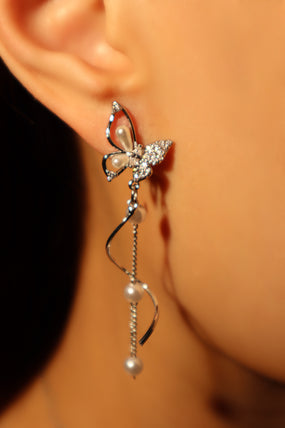 Platinum Plated Diamond Butterfly Pearls Dangle Earrings