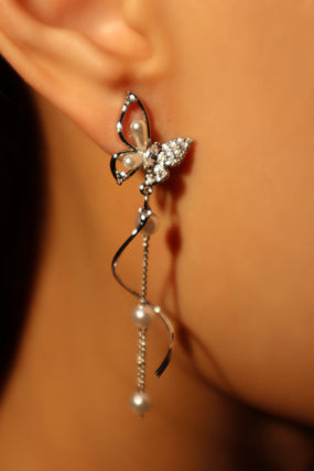 Platinum Plated Diamond Butterfly Pearls Dangle Earrings