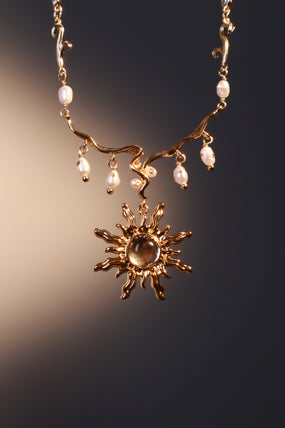 18K Real Gold Plated White Opal Sun Pearls Necklace