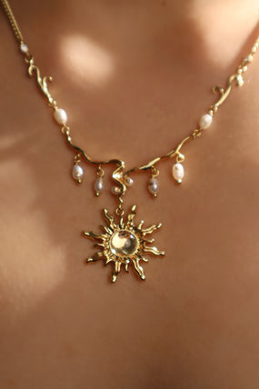 18K Real Gold Plated White Opal Sun Pearls Necklace