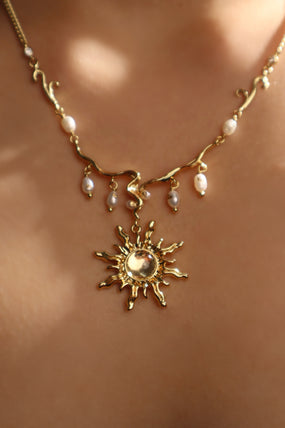 18K Real Gold Plated White Opal Sun Pearls Necklace