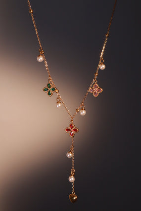 18K Gold Stainless Steel Color Lucky Leaf Pearls Necklace