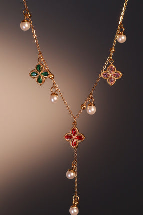 18K Gold Stainless Steel Color Lucky Leaf Pearls Necklace