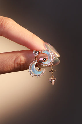 14K Real Gold Plated Moonstones Moon Heart Earrings