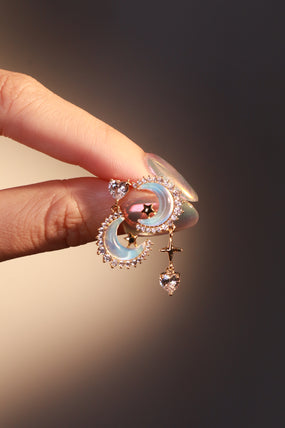 14K Real Gold Plated Moonstones Moon Heart Earrings