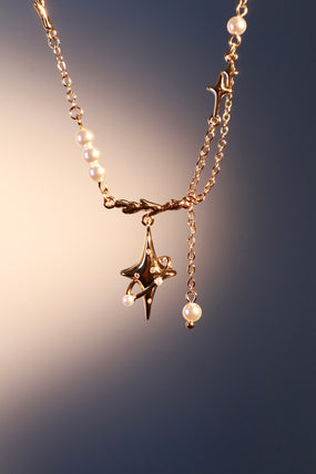 18K Real Gold Plated Saturn Star Spiral Pearls Necklace