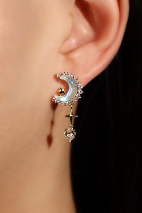 14K Real Gold Plated Moonstones Moon Heart Earrings