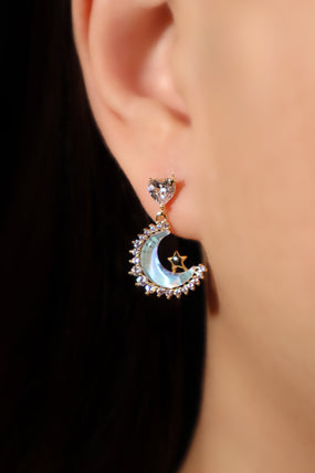 14K Real Gold Plated Moonstones Moon Heart Earrings