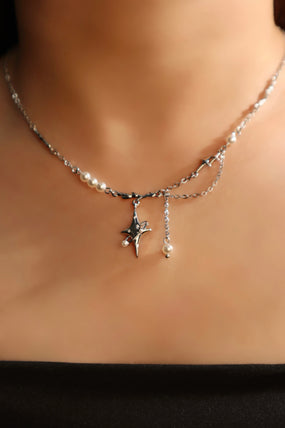 Platinum Plated Saturn Star Spiral Pearls Necklace