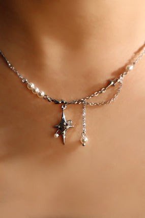 Platinum Plated Saturn Star Spiral Pearls Necklace