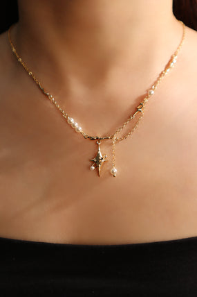 18K Real Gold Plated Saturn Star Spiral Pearls Necklace