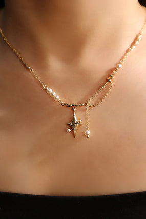 18K Real Gold Plated Saturn Star Spiral Pearls Necklace