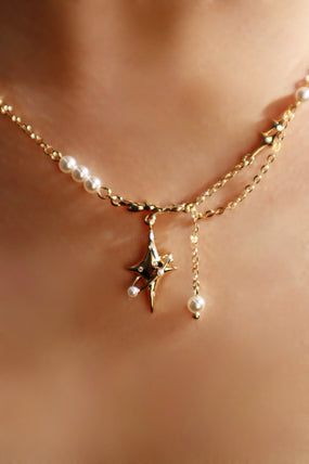 18K Real Gold Plated Saturn Star Spiral Pearls Necklace