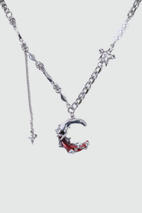 Silver-plated red crescent moon necklace with synthetic pearls and zirconia diamonds